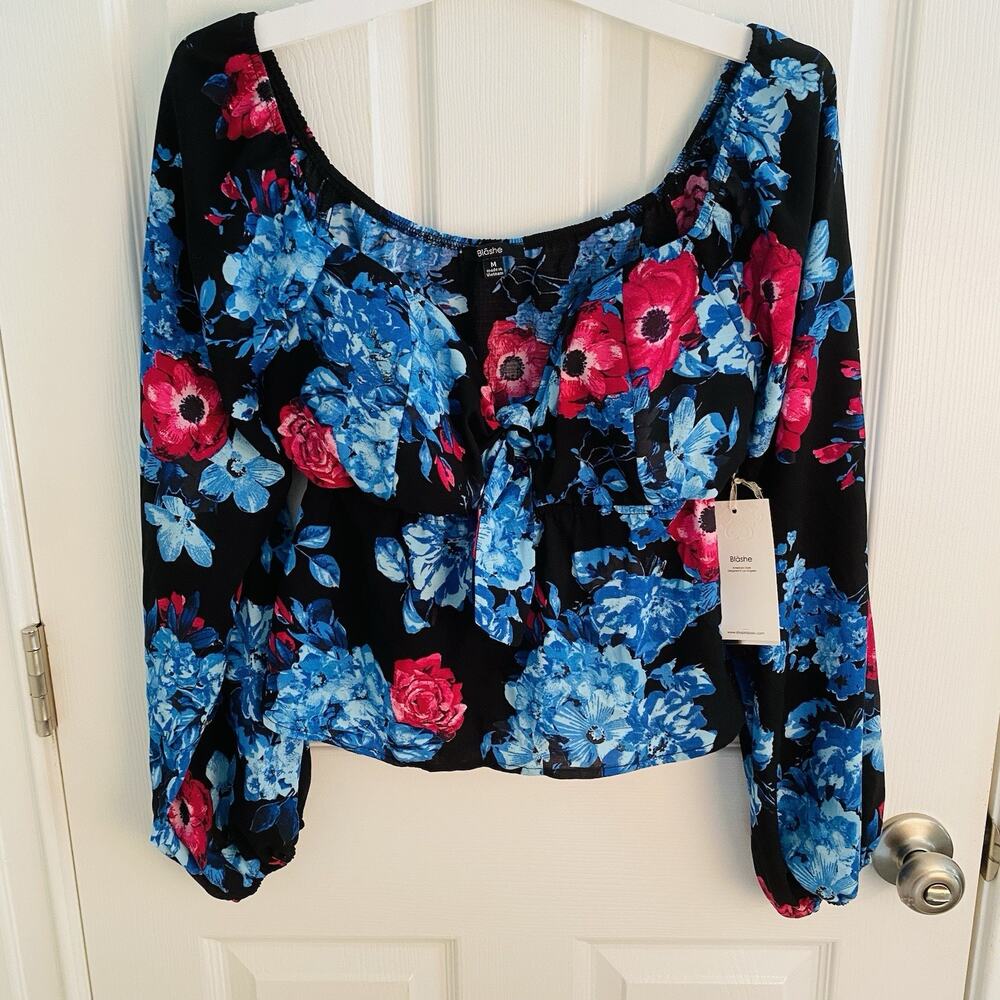 Blashe Crop Top Medium Floral Multicolor Puff Sleeve Cottagecore Coquette Tie